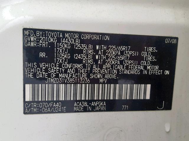 JTMZD31V385113236 - 2008 TOYOTA RAV4 LIMIT WHITE photo 10