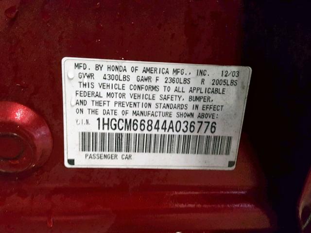 1HGCM66844A036776 - 2004 HONDA ACCORD EX MAROON photo 10