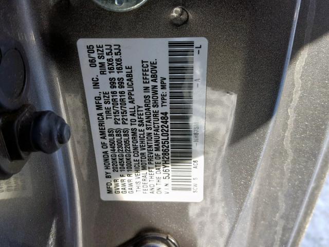 5J6YH28625L022484 - 2005 HONDA ELEMENT EX GRAY photo 10