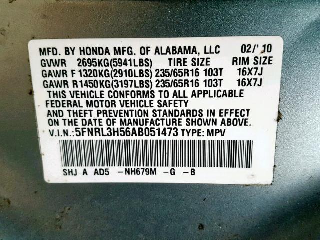 5FNRL3H56AB051473 - 2010 HONDA ODYSSEY EX BLUE photo 10