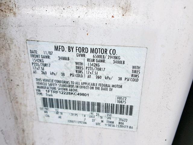 1FTRF12228KC49801 - 2008 FORD F150 WHITE photo 10