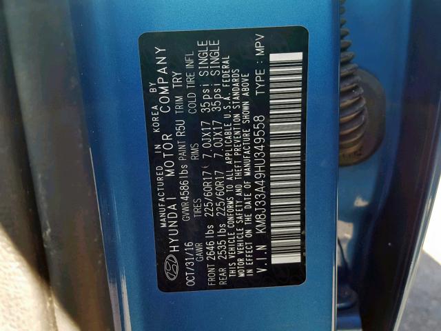 KM8J33A49HU349558 - 2017 HYUNDAI TUCSON LIM BLUE photo 10