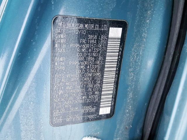 JN8AZ2KR8BT207128 - 2011 NISSAN CUBE BASE BLUE photo 10