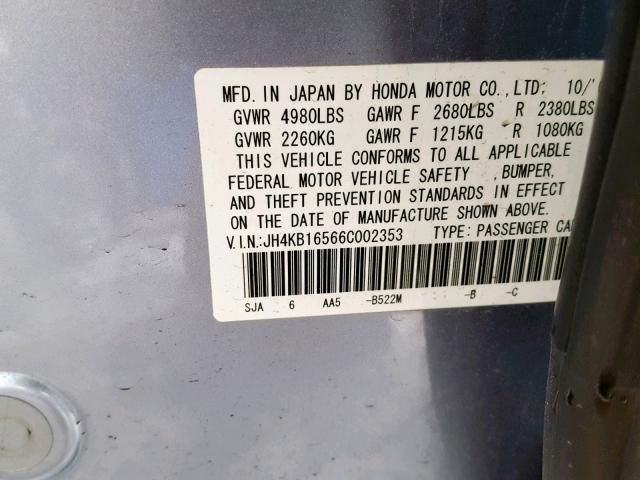 JH4KB16566C002353 - 2006 ACURA RL BLUE photo 10