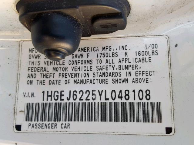 1HGEJ6225YL048108 - 2000 HONDA CIVIC DX WHITE photo 10