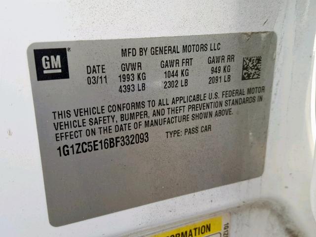 1G1ZC5E16BF332093 - 2011 CHEVROLET MALIBU 1LT 白色 照片 10