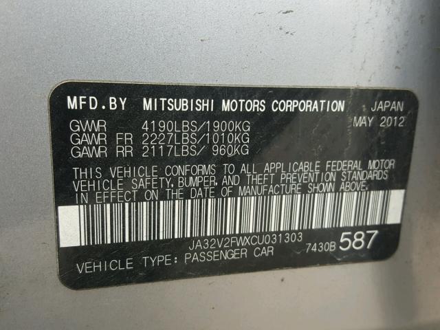 JA32V2FWXCU031303 - 2012 MITSUBISHI LANCER SE SILVER photo 10