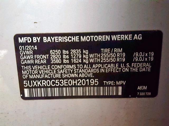5UXKR0C53E0H20195 - 2014 BMW X5 XDRIVE3 SILVER photo 10