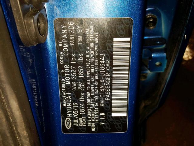 KMHCT4AEXHU186443 - 2017 HYUNDAI ACCENT SE BLUE photo 10