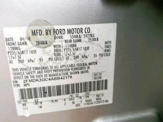 2FMDK3GC4ABB42179 - 2010 FORD EDGE SE GRAY photo 10