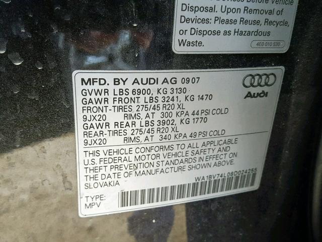 WA1BV74L08D024255 - 2008 AUDI Q7 4.2 QUA BLACK photo 10