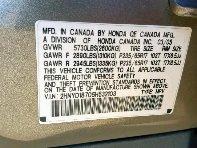 2HNYD18705H532103 - 2005 ACURA MDX TOURIN GOLD photo 10