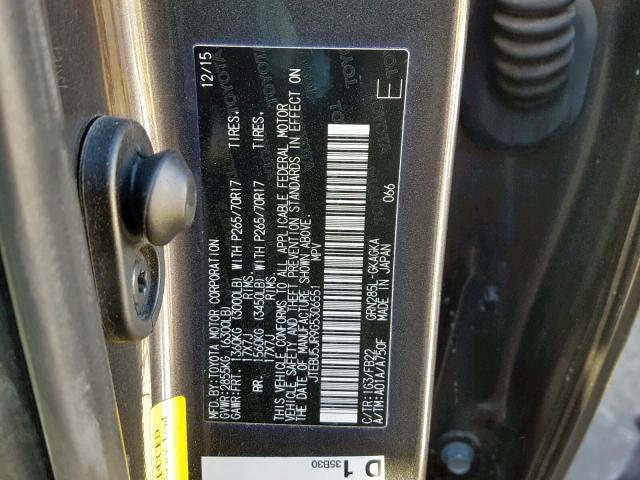 JTEBU5JR9G5306551 - 2016 TOYOTA 4RUNNER SR GRAY photo 10