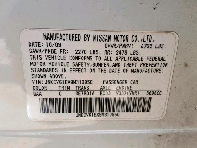 JNKCV61EX9M310950 - 2009 INFINITI G37 BASE WHITE photo 10