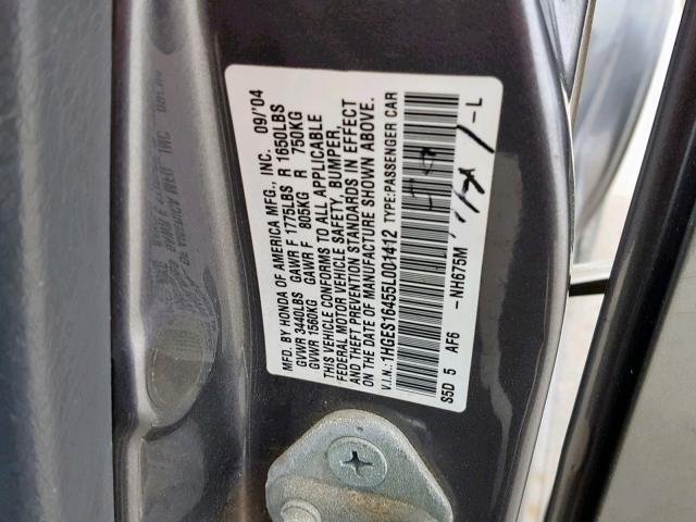 1HGES16455L001412 - 2005 HONDA CIVIC DX GRAY photo 10