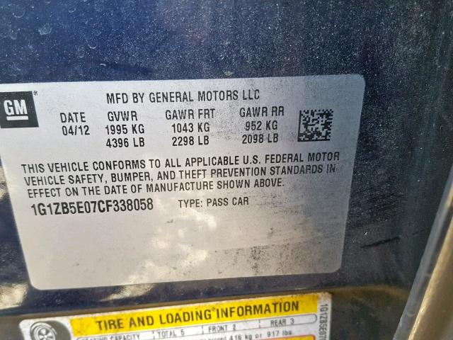 1G1ZB5E07CF338058 - 2012 CHEVROLET MALIBU LS 蓝色 照片 10