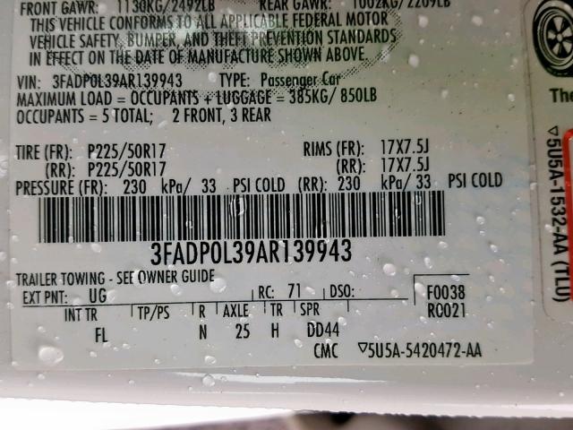 3FADP0L39AR139943 - 2010 FORD FUSION HYB WHITE photo 10