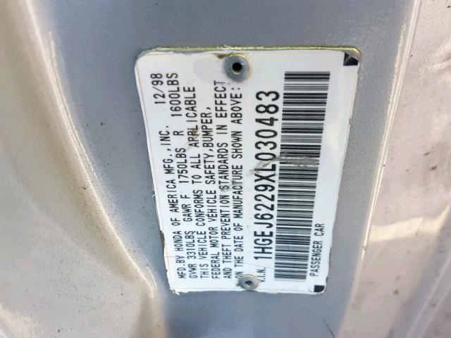 1HGEJ6229XL030483 - 1999 HONDA CIVIC DX SILVER photo 10