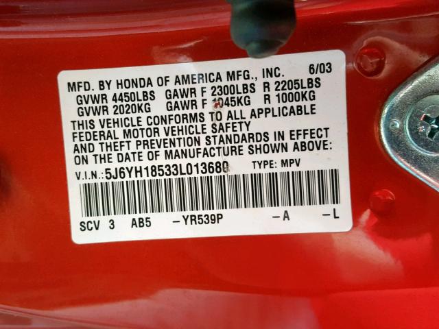 5J6YH18533L013680 - 2003 HONDA ELEMENT EX ORANGE photo 10