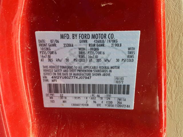 4M2YU80Z77KJ07947 - 2007 MERCURY MARINER CO RED photo 10