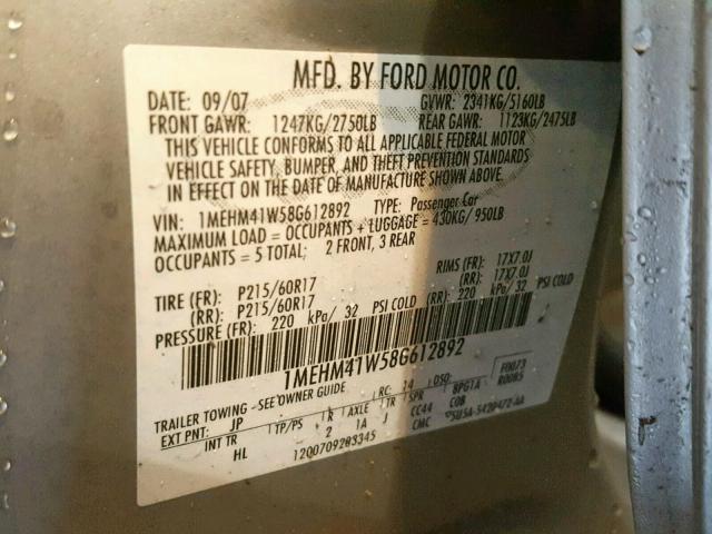 1MEHM41W58G612892 - 2008 MERCURY SABLE LUXU SILVER photo 10