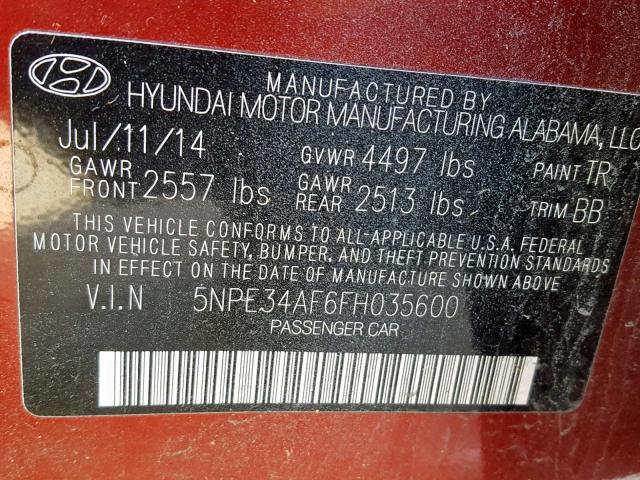 5NPE34AF6FH035600 - 2015 HYUNDAI SONATA SPO RED photo 10