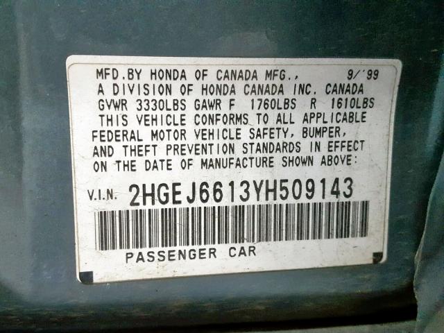 2HGEJ6613YH509143 - 2000 HONDA CIVIC BASE Yaşıl foto 10