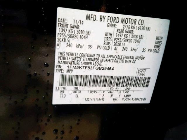 1FM5K7F83FGB29464 - 2015 FORD EXPLORER L BLACK photo 10