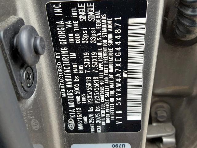 5XYKW4A7XEG444871 - 2014 KIA SORENTO SX GRAY photo 10