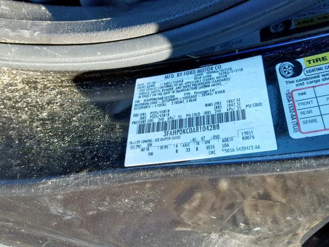 3FAHP0KC0AR104288 - 2010 FORD FUSION SPO BLACK photo 10