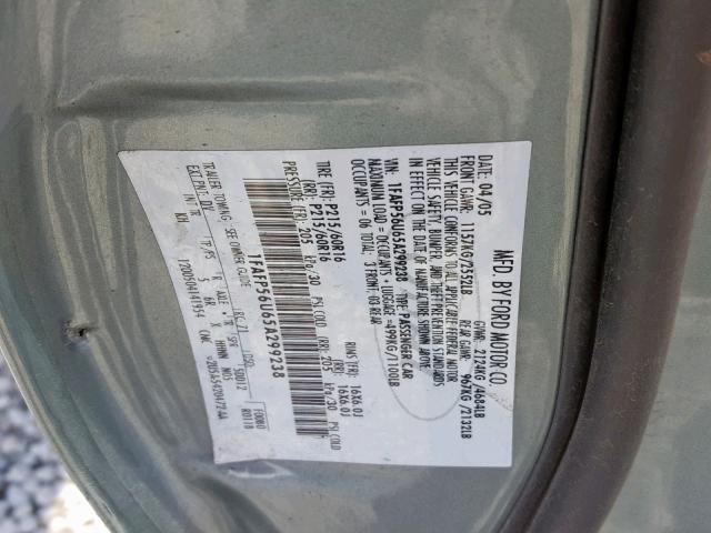 1FAFP56U65A299238 - 2005 FORD TAURUS SEL GRAY photo 10