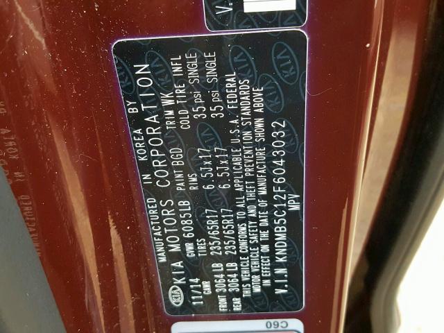 KNDMB5C12F6043032 - 2015 KIA SEDONA LX MAROON photo 10