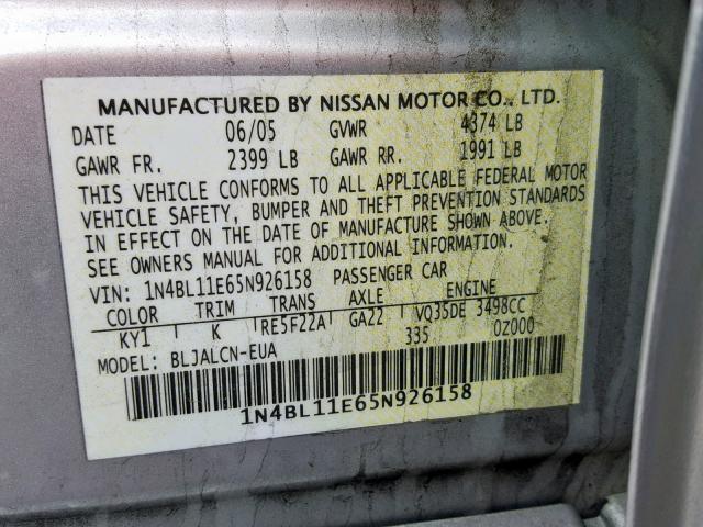 1N4BL11E65N926158 - 2005 NISSAN ALTIMA SE SILVER photo 10