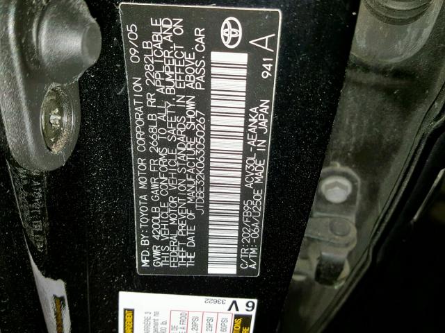 JTDBE32K063050267 - 2006 TOYOTA CAMRY LE BLACK photo 10