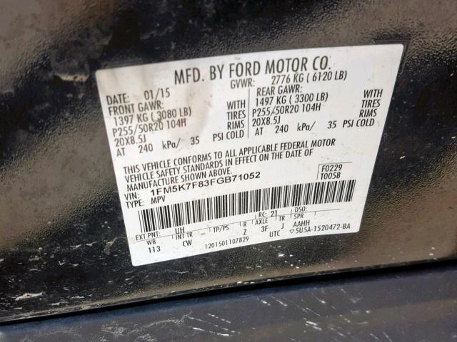 1FM5K7F83FGB71052 - 2015 FORD EXPLORER L BLACK photo 10