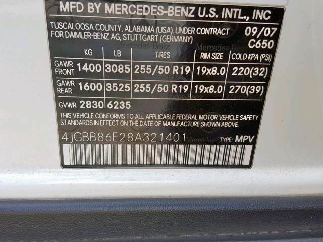 4JGBB86E28A321401 - 2008 MERCEDES-BENZ ML 350 WHITE photo 10