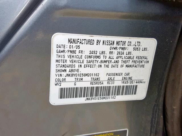 JNKBY01E56M201162 - 2006 INFINITI M45 BASE GRAY photo 10