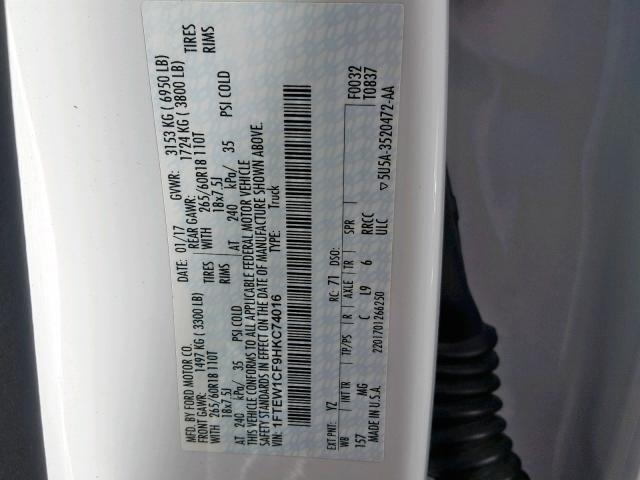 1FTEW1CF9HKC74016 - 2017 FORD F150 SUPER WHITE photo 10