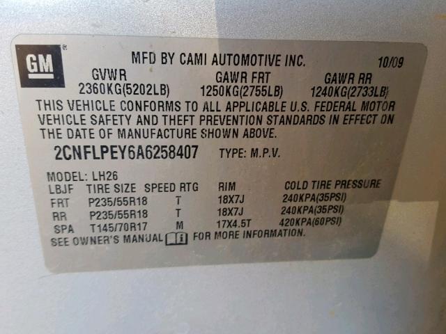 2CNFLPEY6A6258407 - 2010 CHEVROLET EQUINOX LT SILVER photo 10