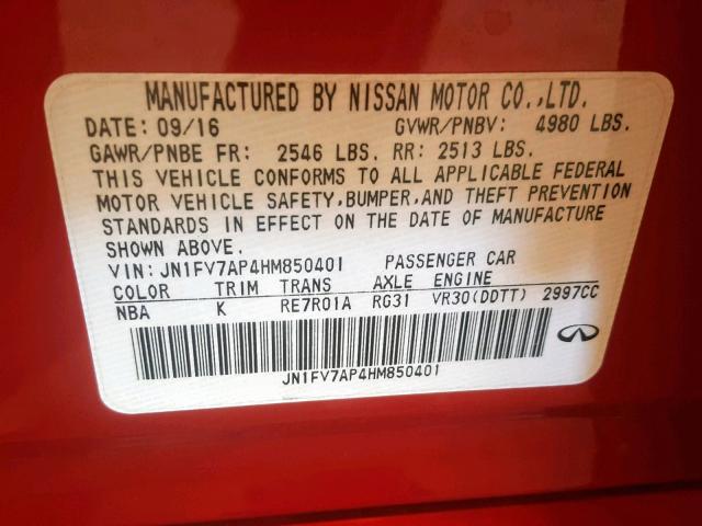 JN1FV7AP4HM850401 - 2017 INFINITI Q50 RED SP RED photo 10