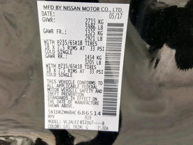 5N1DR2MN8HC686514 - 2017 NISSAN PATHFINDER BLACK photo 10