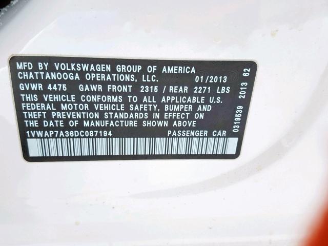 1VWAP7A36DC087194 - 2013 VOLKSWAGEN PASSAT S WHITE photo 10