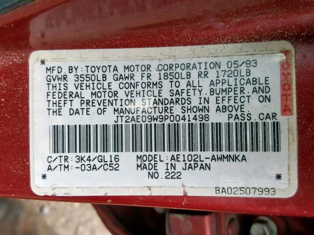 JT2AE09W9P0041498 - 1993 TOYOTA COROLLA BA RED photo 10