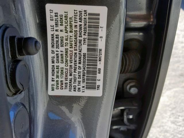 19XFB5F54CE003080 - 2012 HONDA CIVIC NATU GRAY photo 10