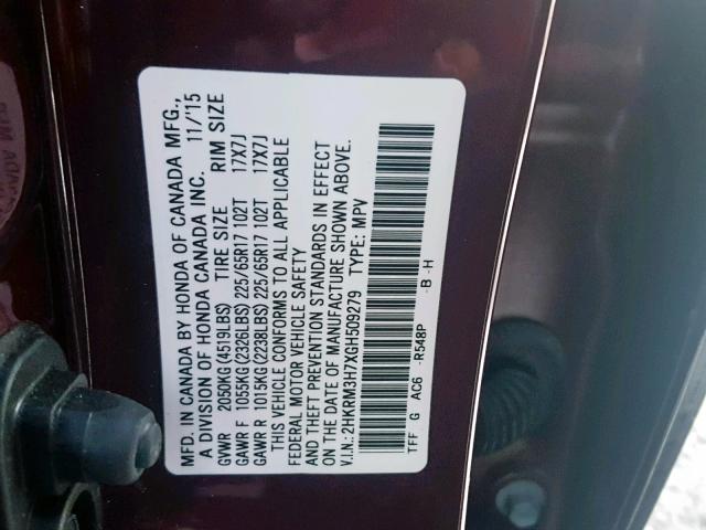 2HKRM3H7XGH509279 - 2016 HONDA CR-V EXL BURGUNDY photo 10