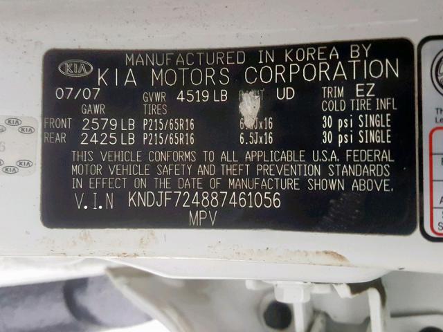 KNDJF724887461056 - 2008 KIA SPORTAGE L WHITE photo 10