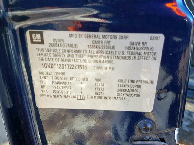 1GKDT13S172227518 - 2007 GMC ENVOY BLUE photo 10