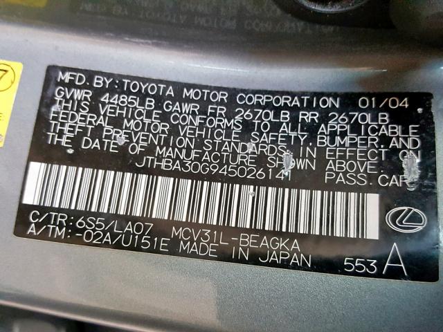 JTHBA30G945026141 - 2004 LEXUS ES 330 GRAY photo 10