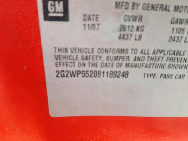 2G2WP552081189248 - 2008 PONTIAC GRAND PRIX MAROON photo 10