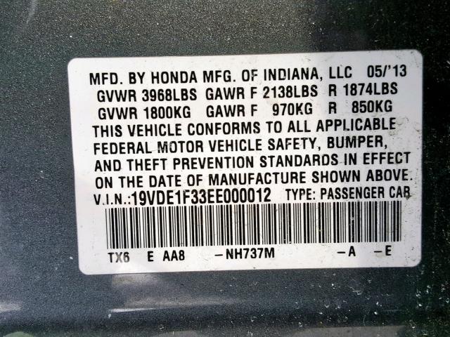 19VDE1F33EE000012 - 2014 ACURA ILX 20 GRAY photo 10